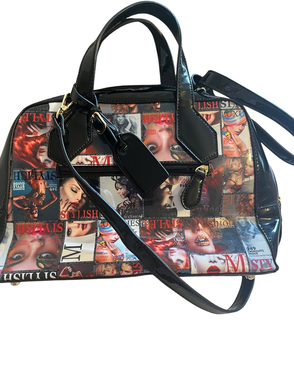 Fashion Magazine Print Patent Satchel Crossbody Bag Y2K Glam Statement Purse